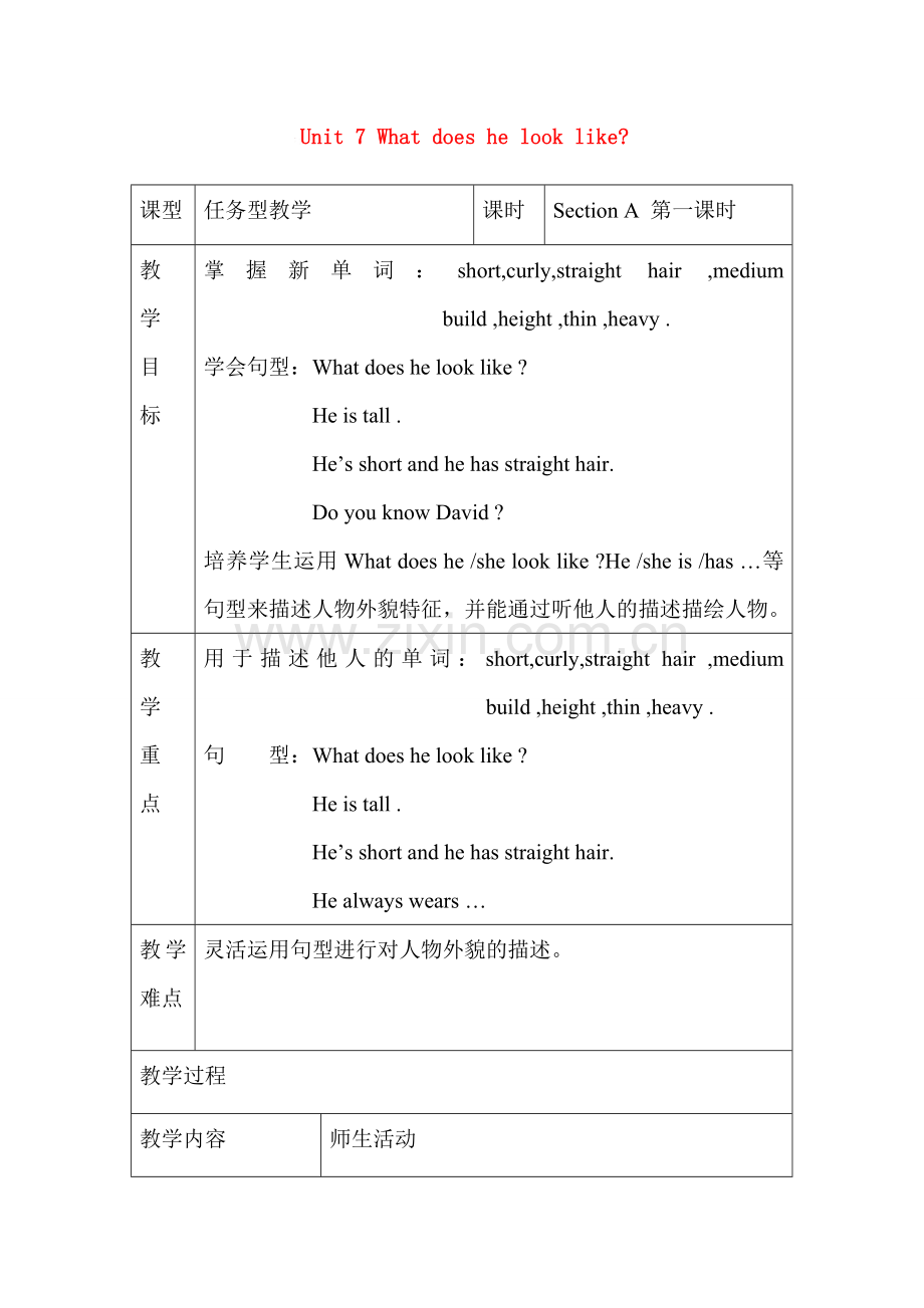 七年级英语下册Unit 7 What does he look like教案新目标.doc_第1页