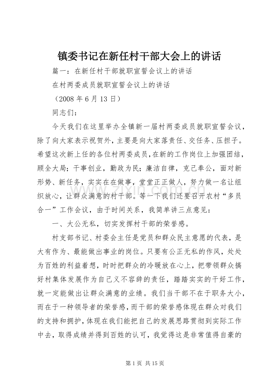 镇委书记在新任村干部大会上的讲话发言.docx_第1页