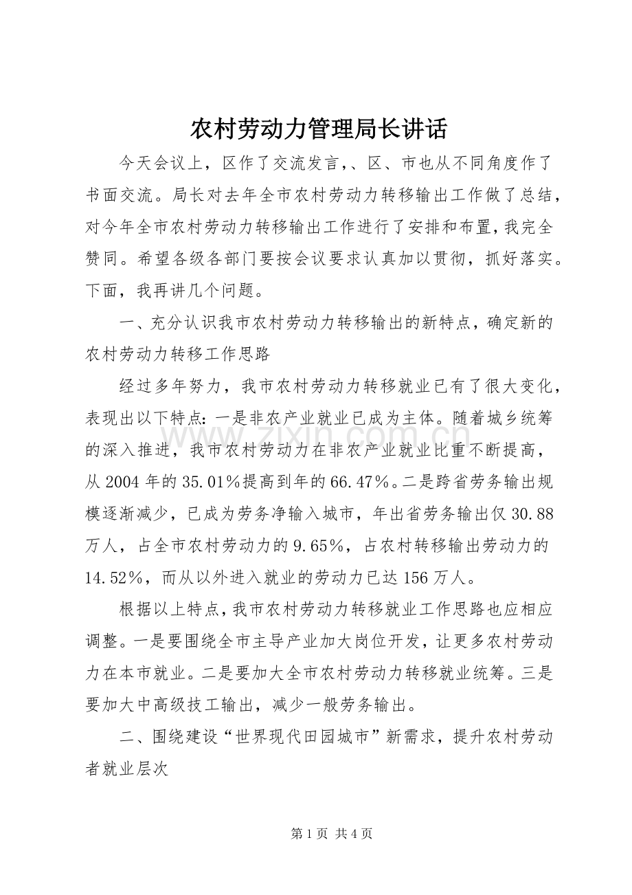农村劳动力管理局长讲话发言.docx_第1页
