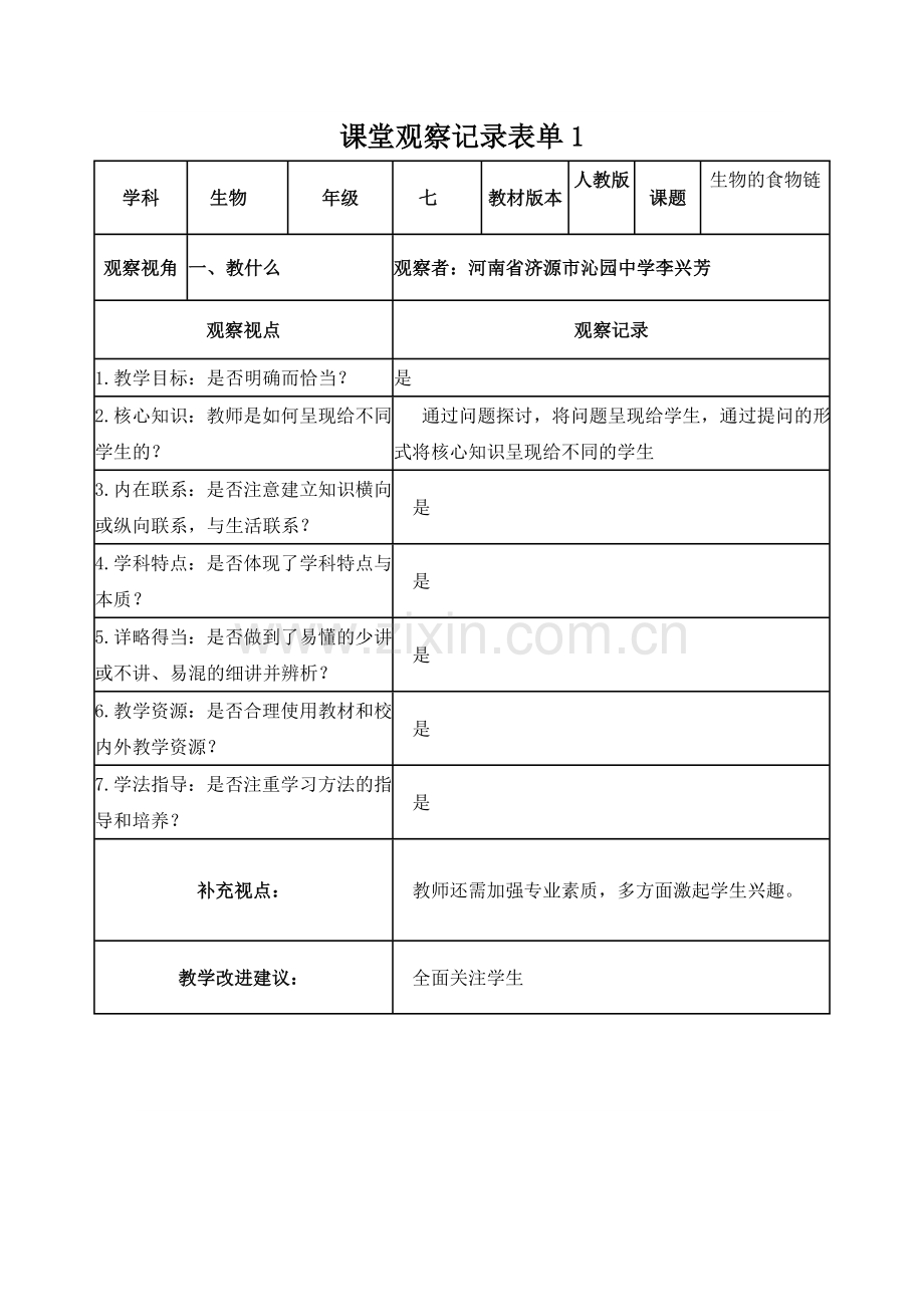 线下【学员】课堂观察记录表单.doc_第1页