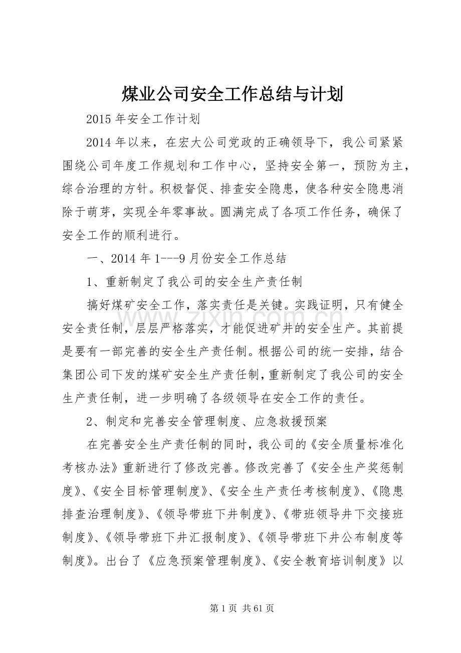 煤业公司安全工作总结与计划.docx_第1页