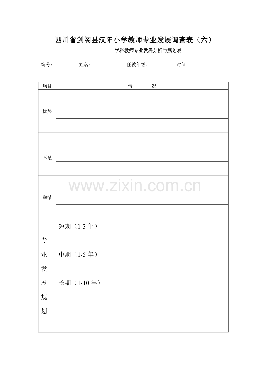 四川省剑阁县汉阳小学教师专业发展调查表六.doc_第1页