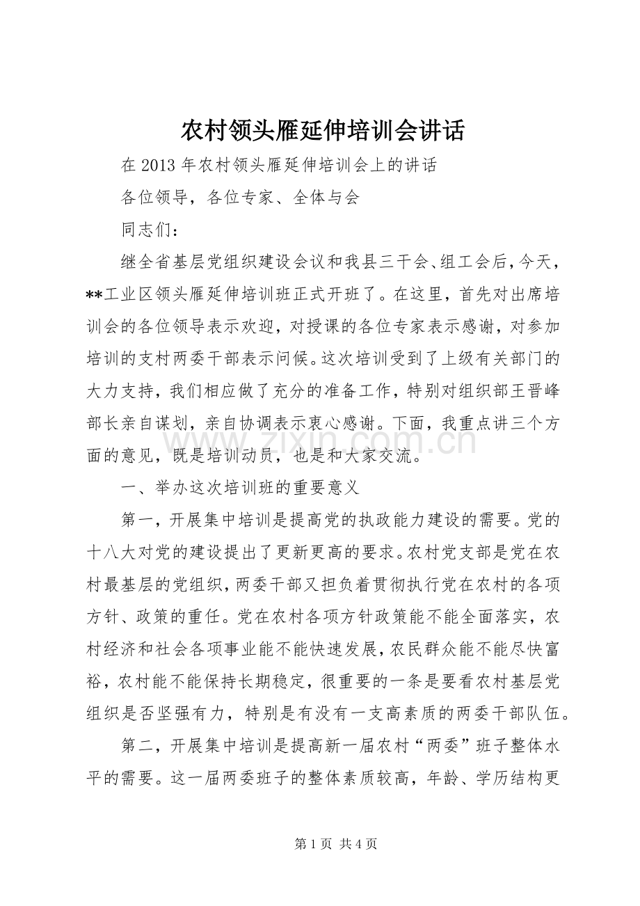 农村领头雁延伸培训会讲话发言.docx_第1页