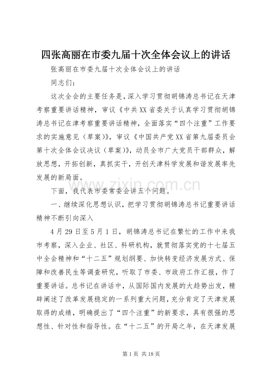 四张高丽在市委九届十次全体会议上的讲话发言.docx_第1页
