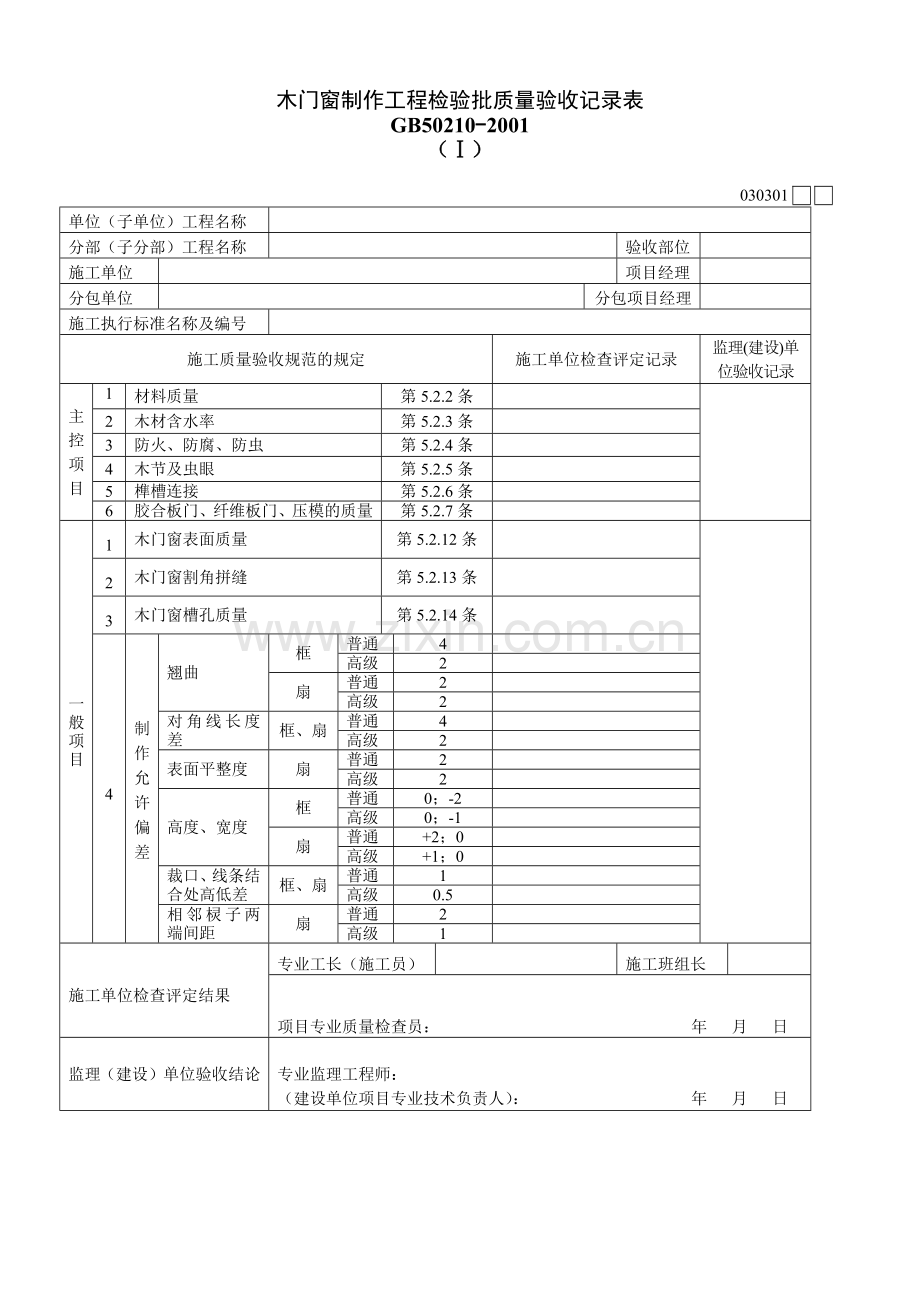 木门窗制作工程检验批质量验收记录表Ⅰ.docx_第1页