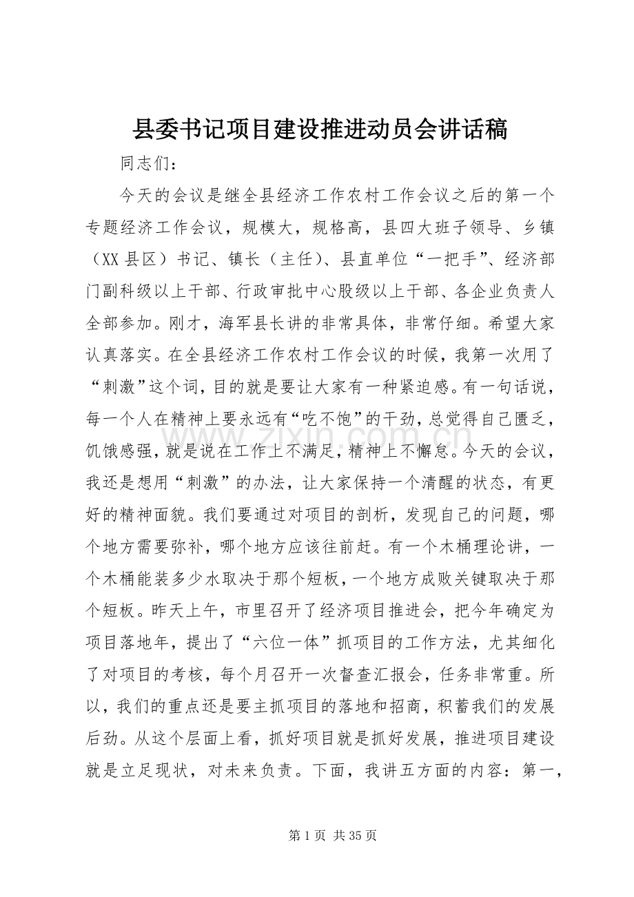 县委书记项目建设推进动员会讲话发言稿.docx_第1页
