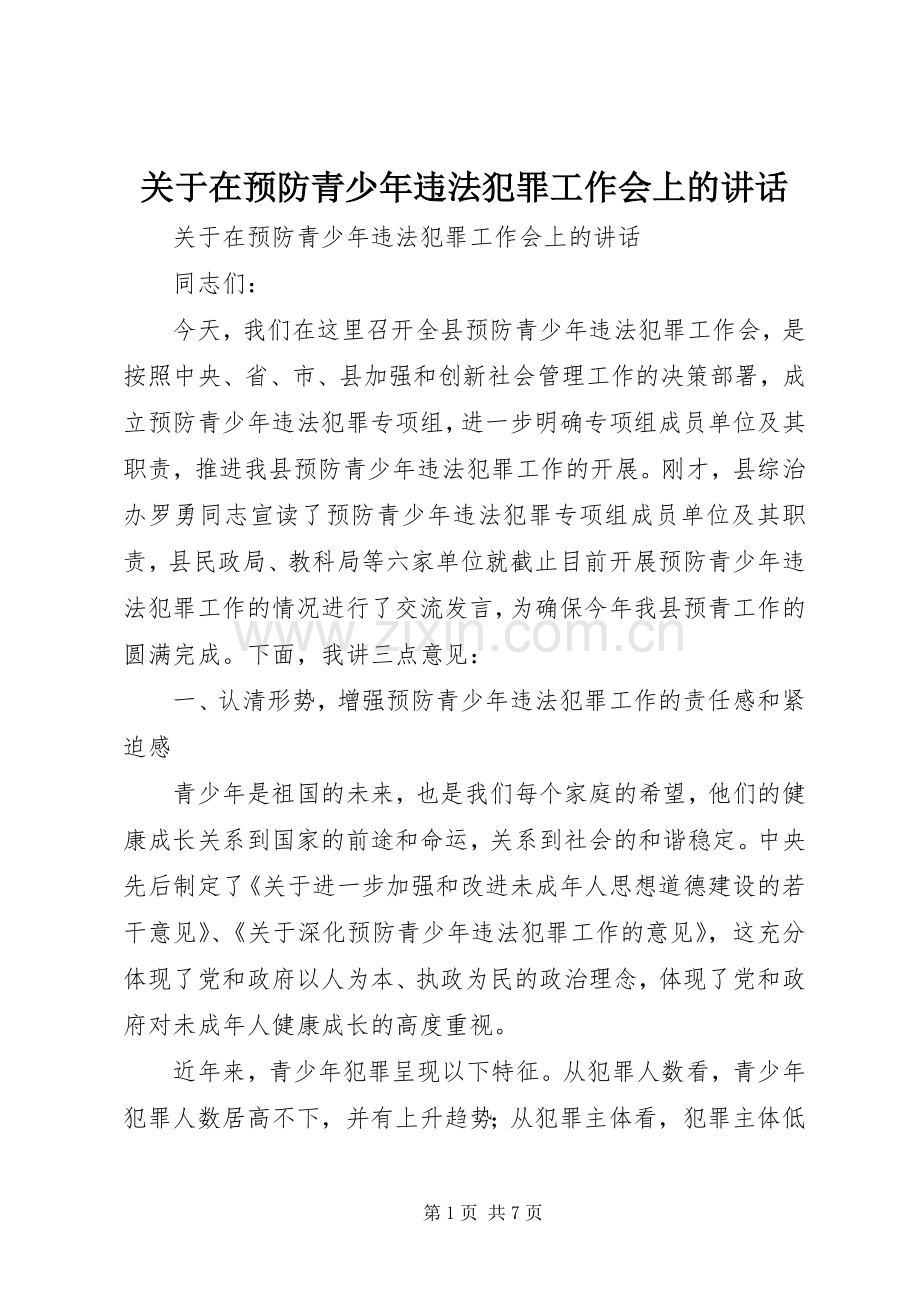 关于在预防青少年违法犯罪工作会上的讲话发言.docx_第1页