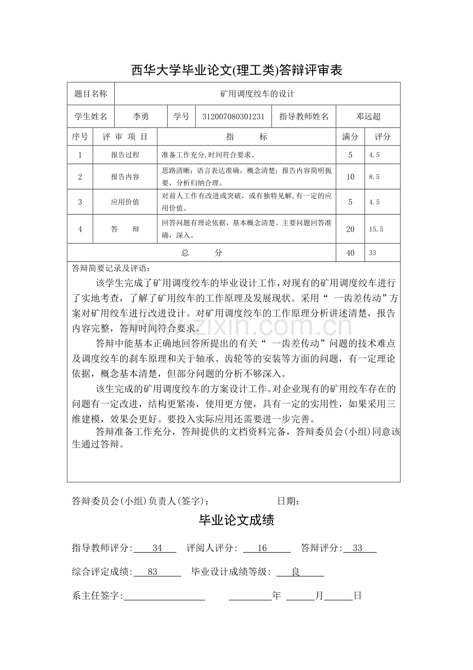 毕业设计答辩评审表(10届).doc_第1页