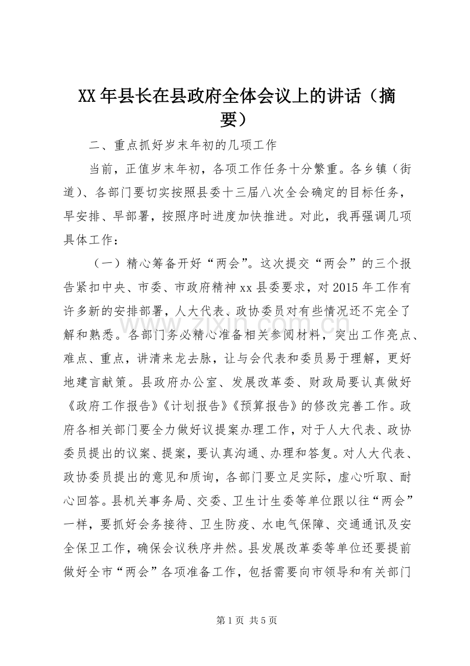 XX年县长在县政府全体会议上的讲话发言（摘要）.docx_第1页