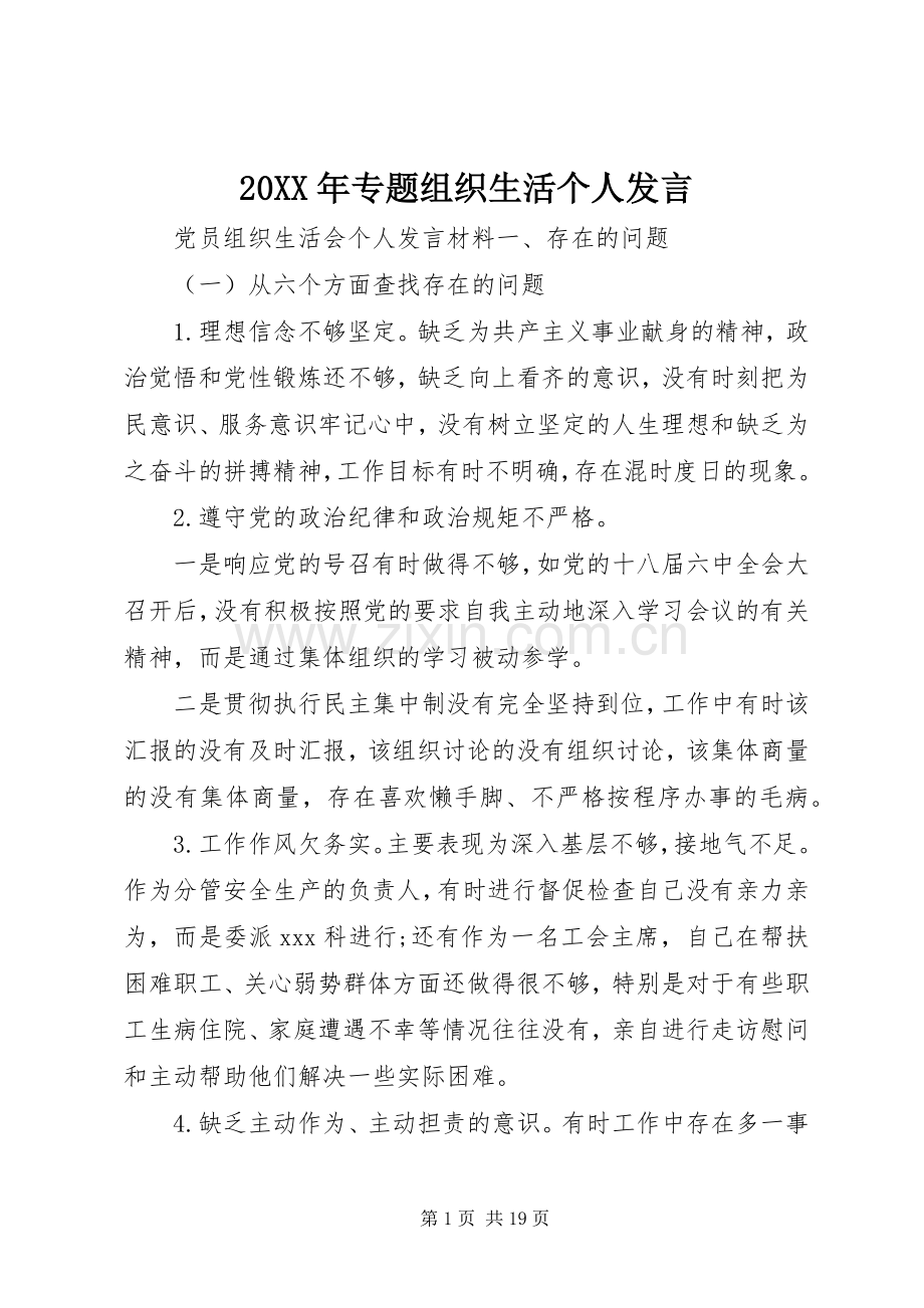20XX年专题组织生活个人发言稿.docx_第1页