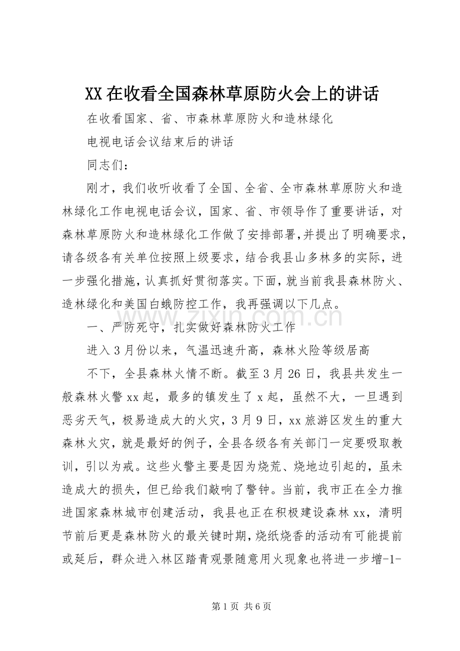 XX在收看全国森林草原防火会上的讲话发言.docx_第1页