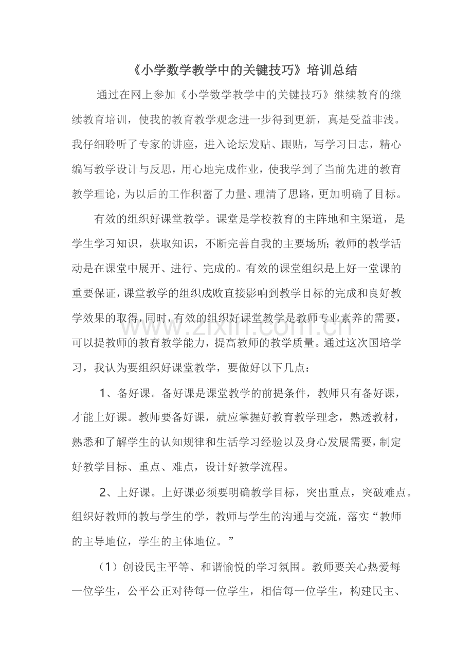 《小学数学教学中的关键技巧》培训总结.doc_第1页