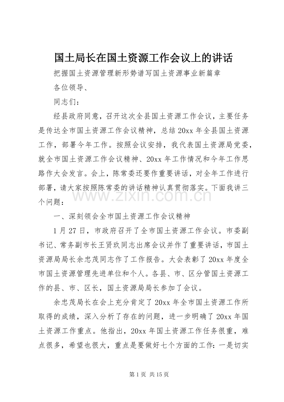 国土局长在国土资源工作会议上的讲话发言.docx_第1页