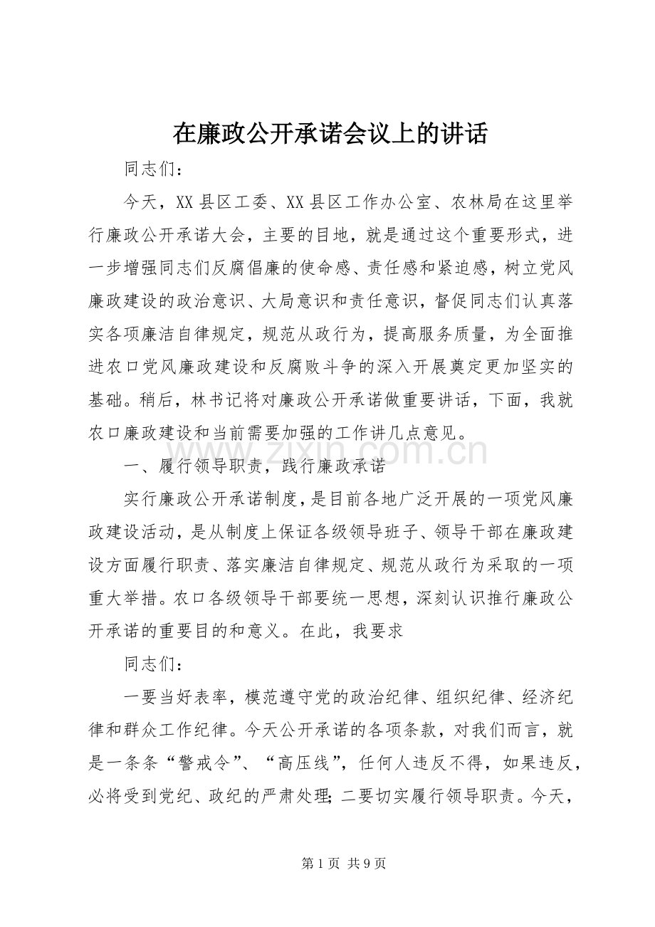 在廉政公开承诺会议上的讲话发言.docx_第1页