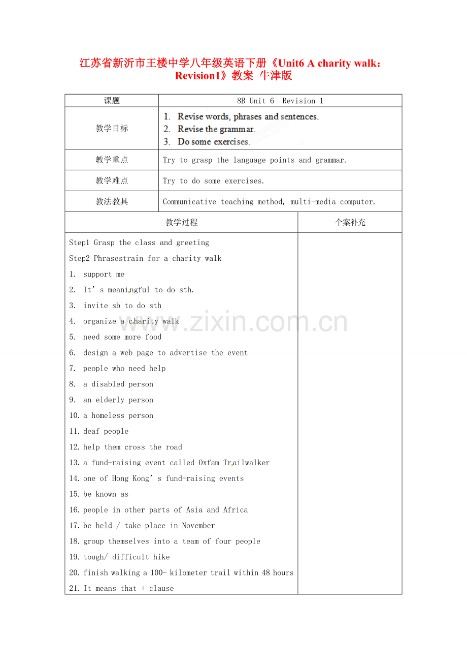 江苏省新沂市王楼中学八年级英语下册《Unit6 A charity walk：Revision1》教案 牛津版.doc_第1页