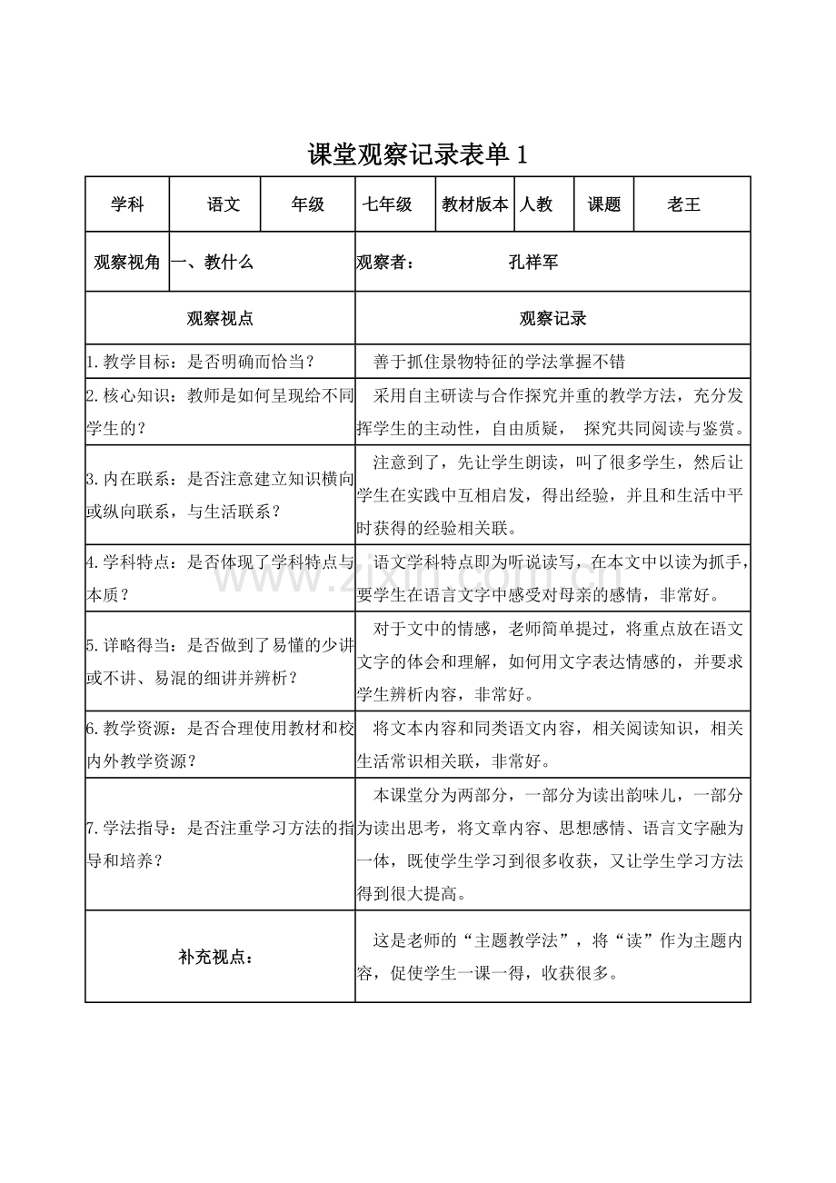 【孔祥军】课堂观察记录表单.doc_第1页
