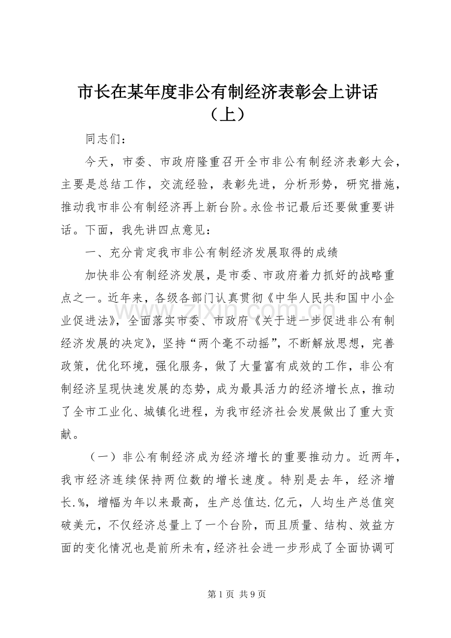 市长在某年度非公有制经济表彰会上讲话发言（上）.docx_第1页