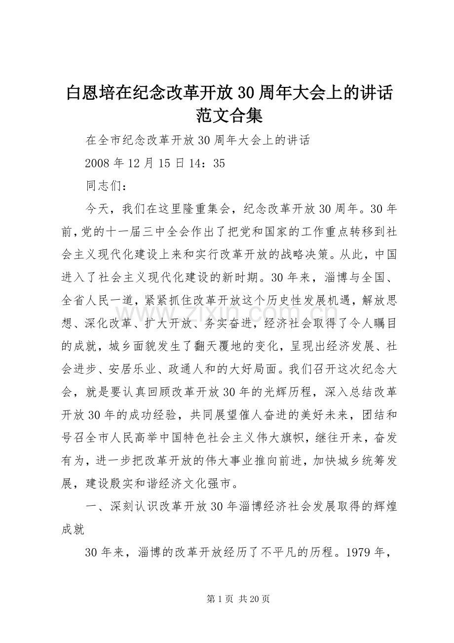 白恩培在纪念改革开放30周年大会上的讲话发言范文合集.docx_第1页