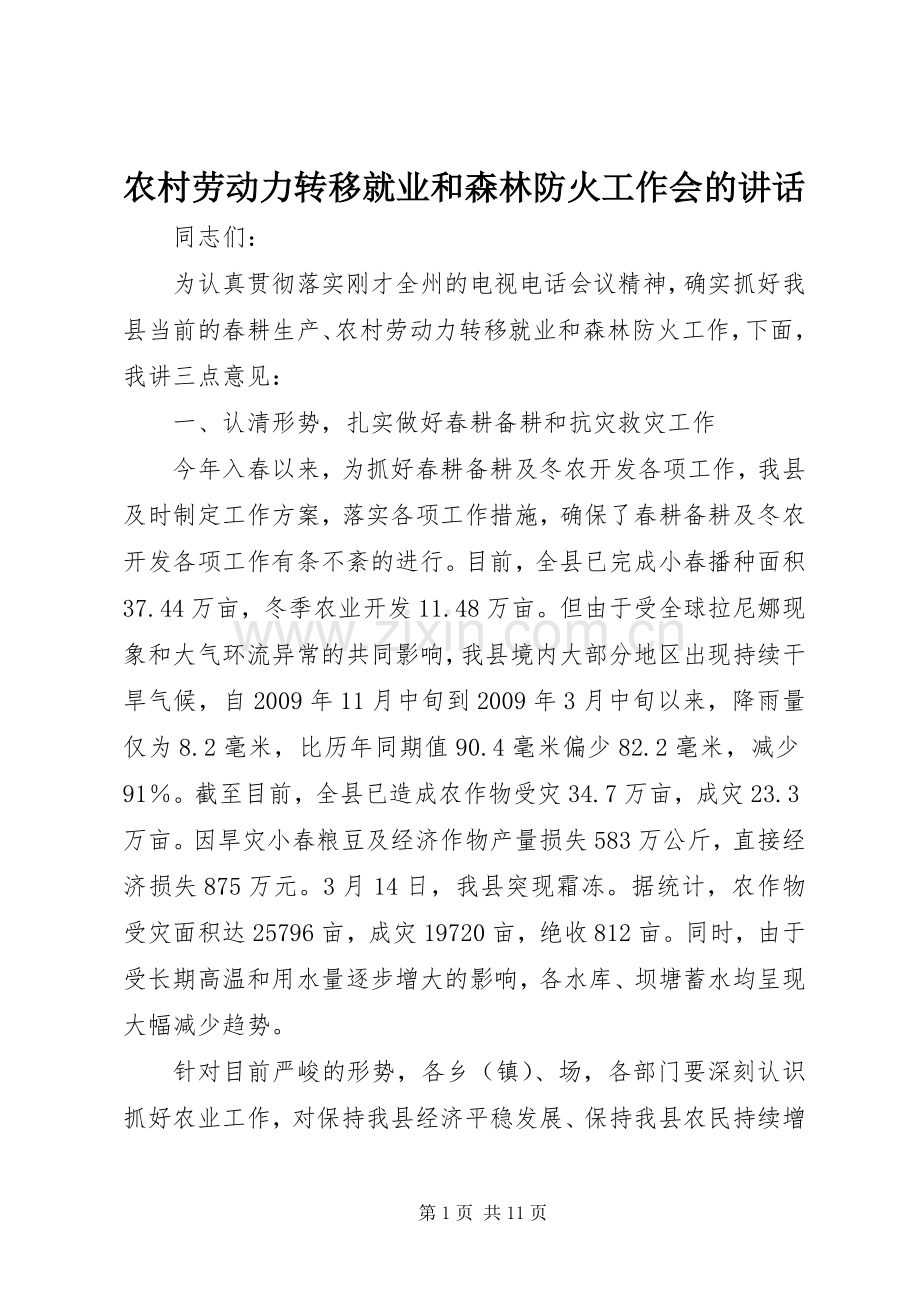农村劳动力转移就业和森林防火工作会的讲话发言.docx_第1页