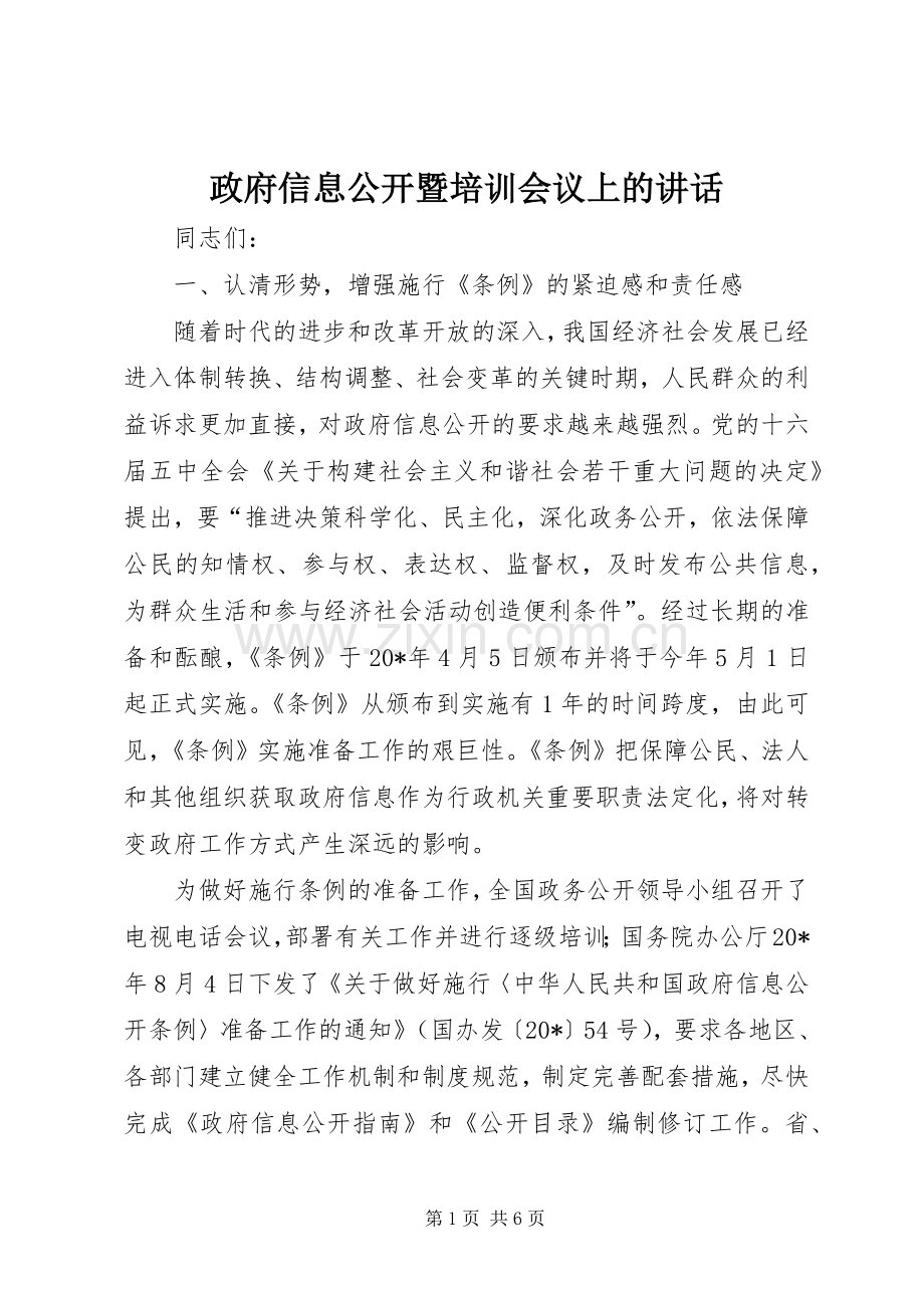 政府信息公开暨培训会议上的讲话发言.docx_第1页