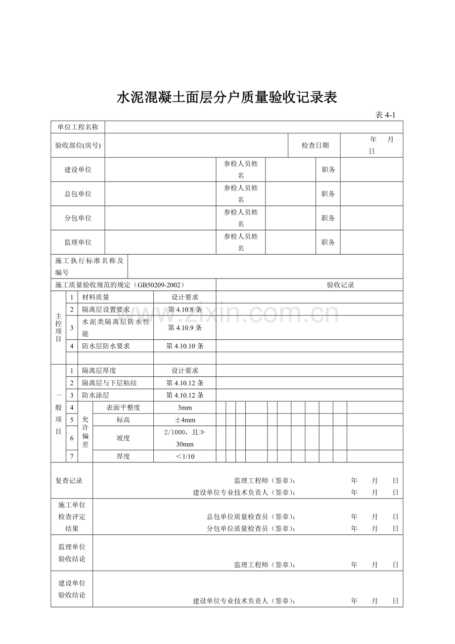 水泥混凝土面层分户质量验收记录表.docx_第1页