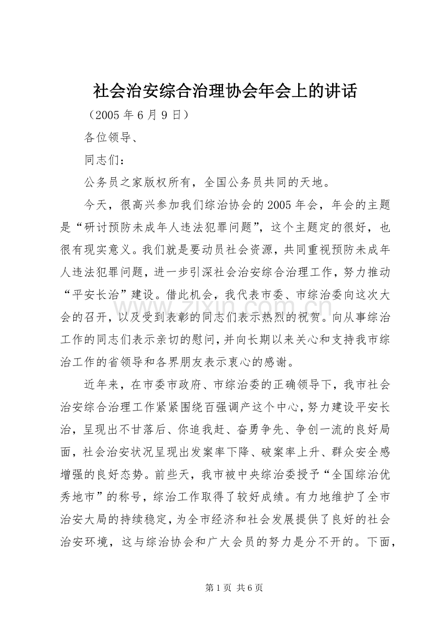 社会治安综合治理协会年会上的讲话发言.docx_第1页