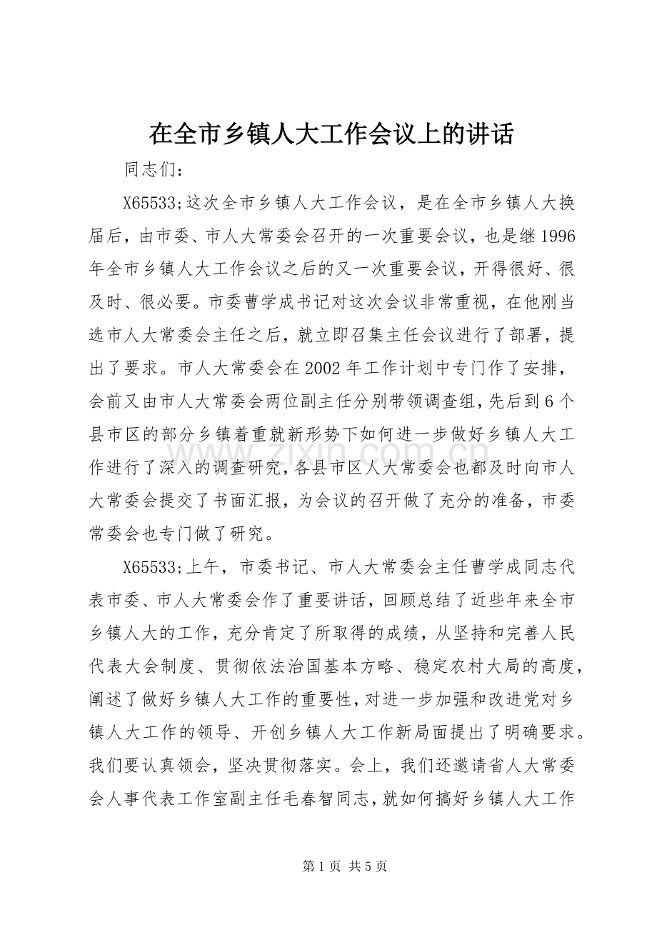 在全市乡镇人大工作会议上的讲话发言.docx_第1页