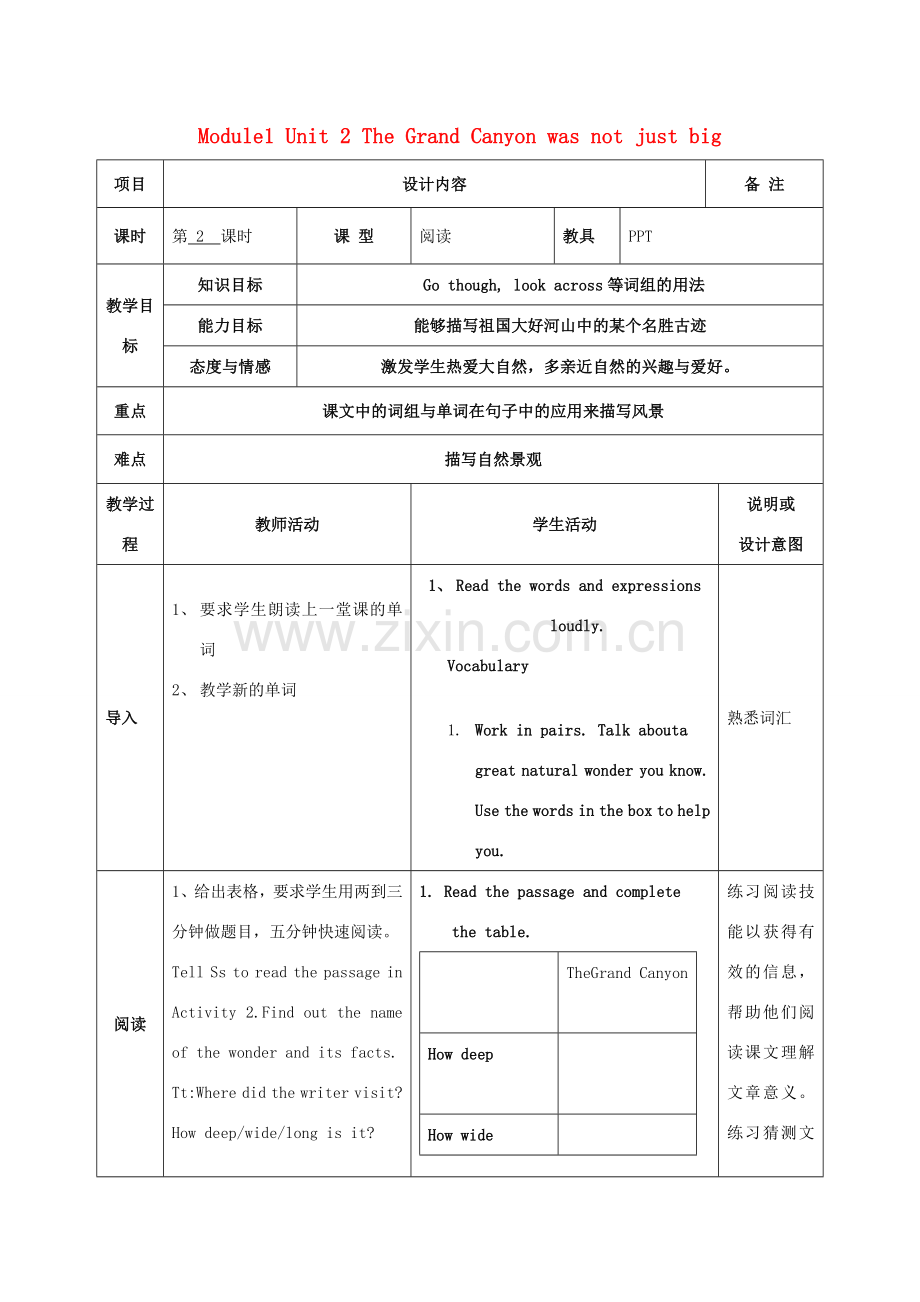 学年九年级英语上册 Module 1 Wonders of the world Unit 2 The Grand Canyon was not just big教案 （新版）外研版-（新版）外研版初中九年级上册英语教案.doc_第1页