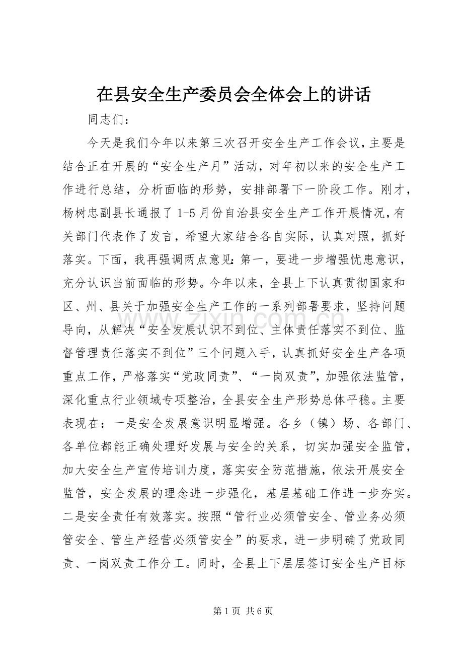 在县安全生产委员会全体会上的讲话发言_1.docx_第1页