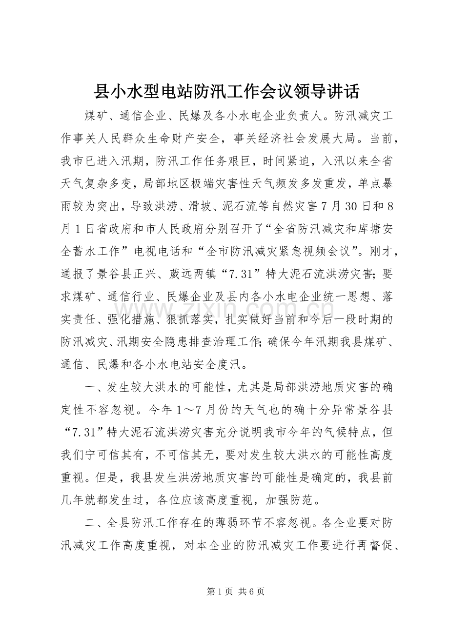 县小水型电站防汛工作会议领导讲话发言.docx_第1页