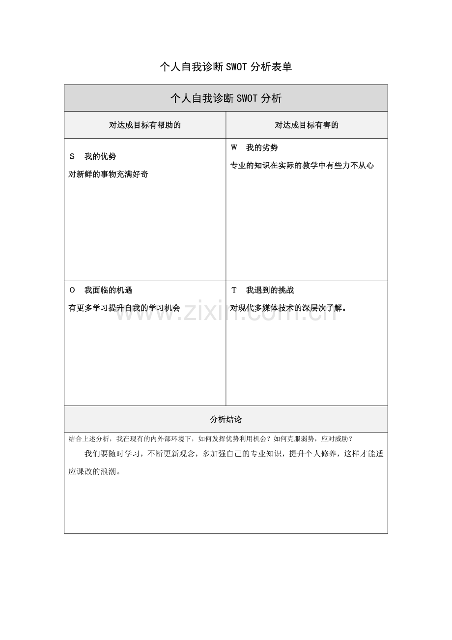 母孝礼个人自我诊断SWOT分析表.doc_第1页