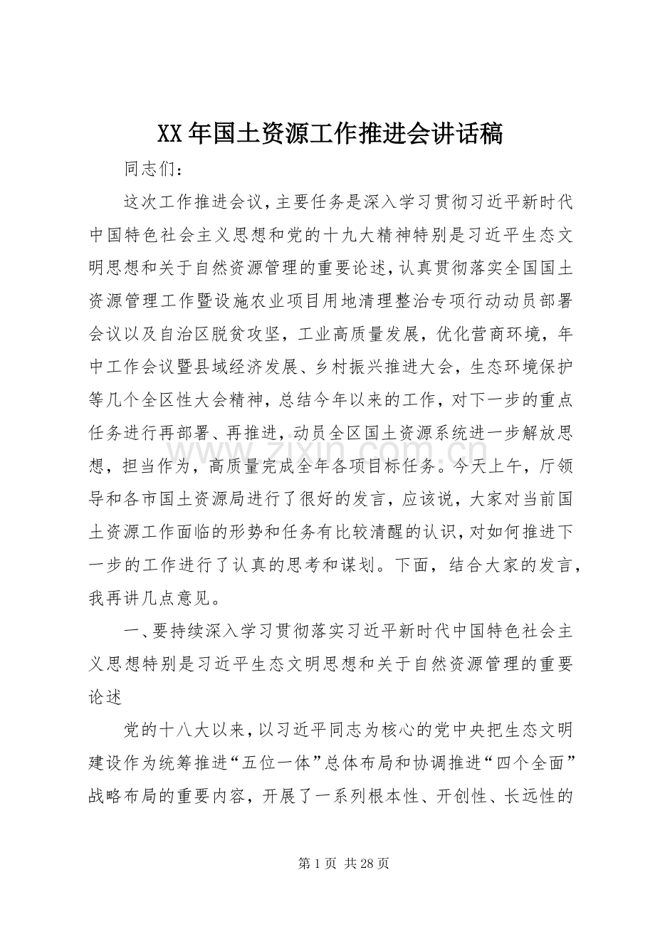 XX年国土资源工作推进会讲话发言稿.docx_第1页