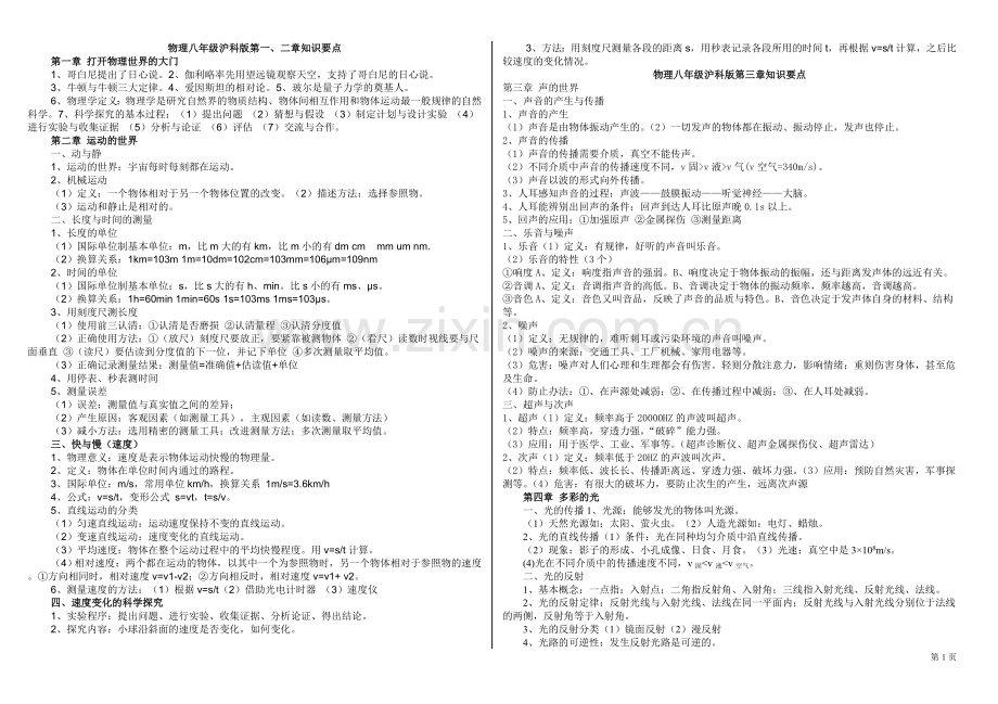 上海科技出版社八、九年级物理全册知识点.doc_第1页