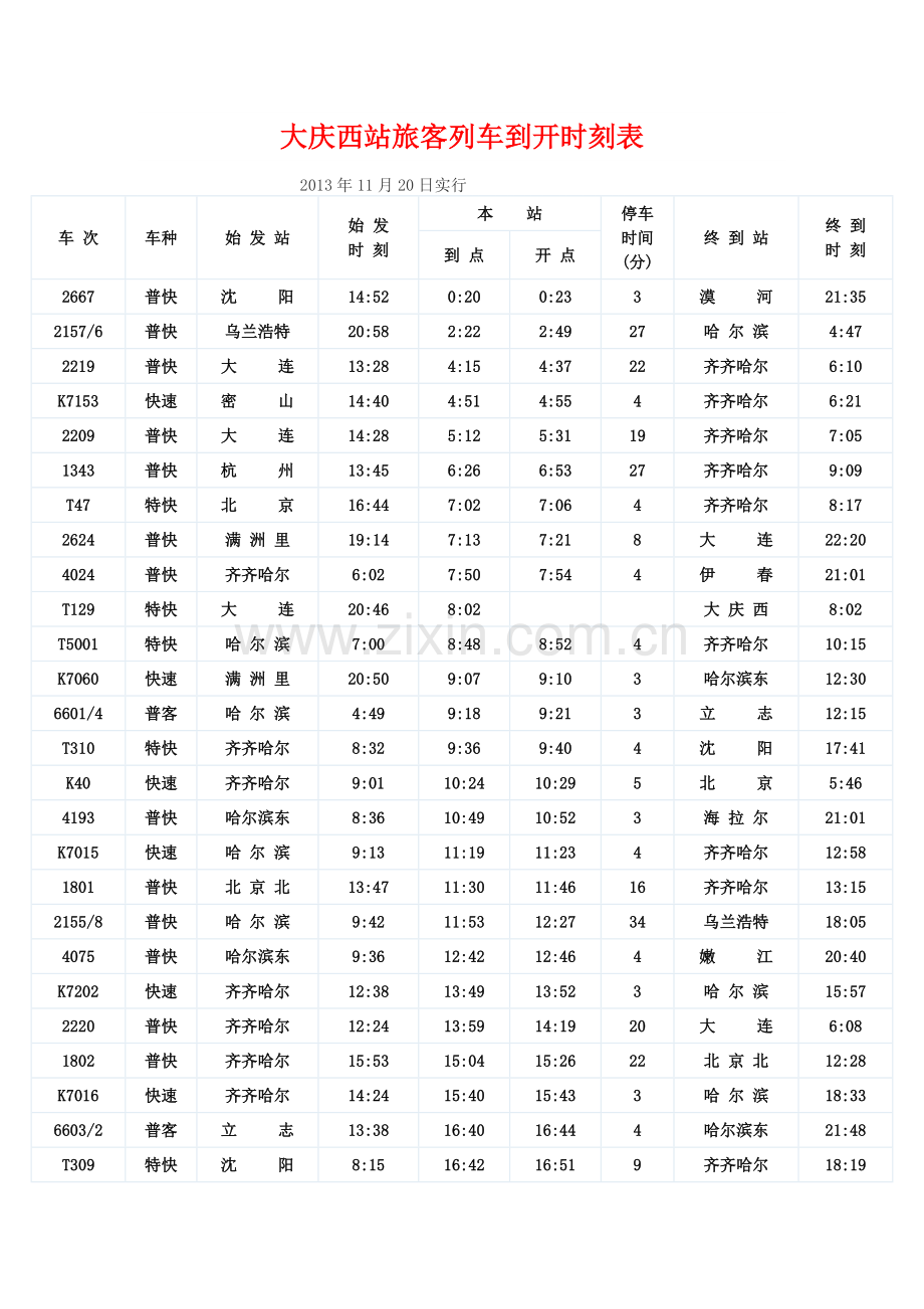 大庆站、大庆西站、卧里屯列车时刻表.doc_第1页