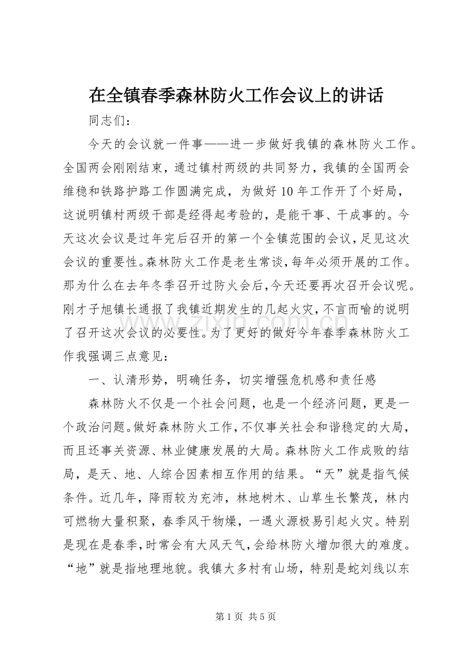 在全镇春季森林防火工作会议上的讲话发言.docx_第1页