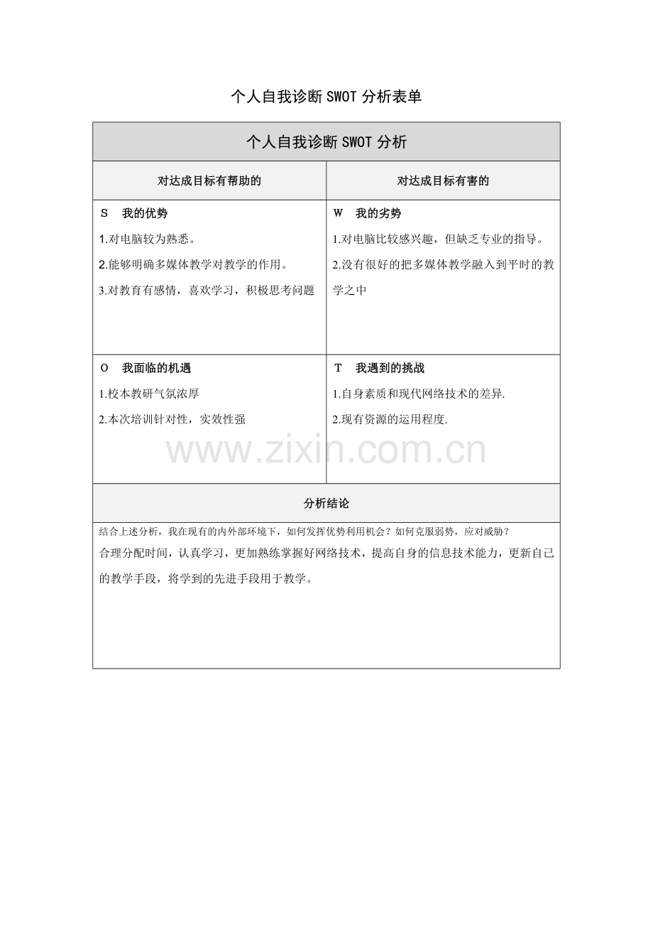 个人自我诊断SWOT分析表单-(2).docx_第1页