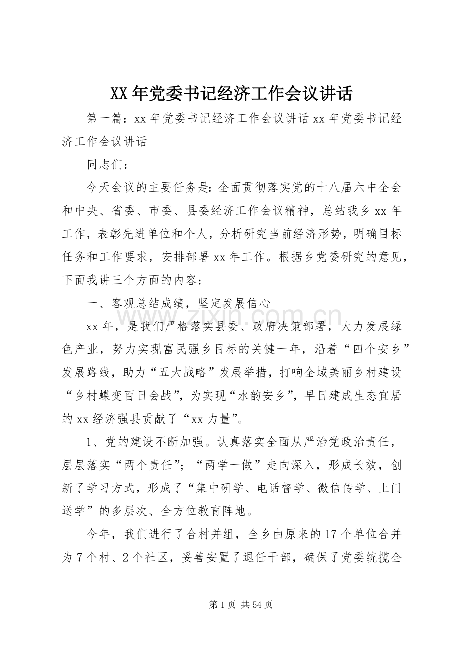 XX年党委书记经济工作会议讲话发言.docx_第1页