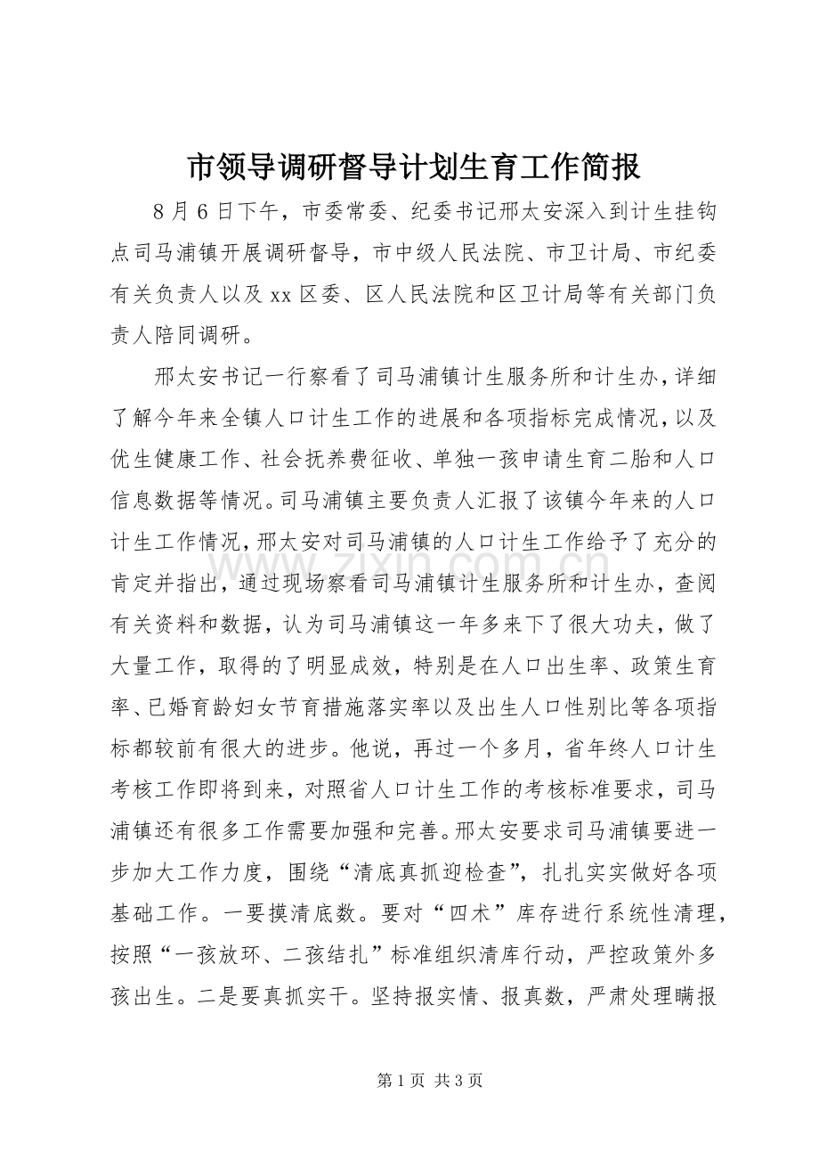 市领导调研督导计划生育工作简报.docx_第1页