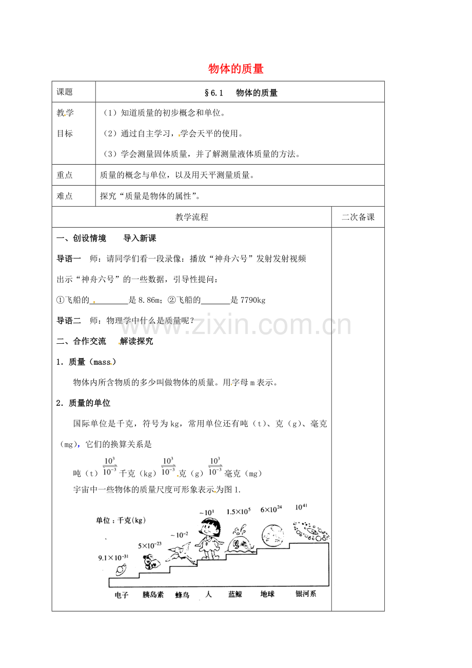 江苏省仪征市八年级物理下册 6.1 物体的质量教案 苏科版-苏科版初中八年级下册物理教案.doc_第1页