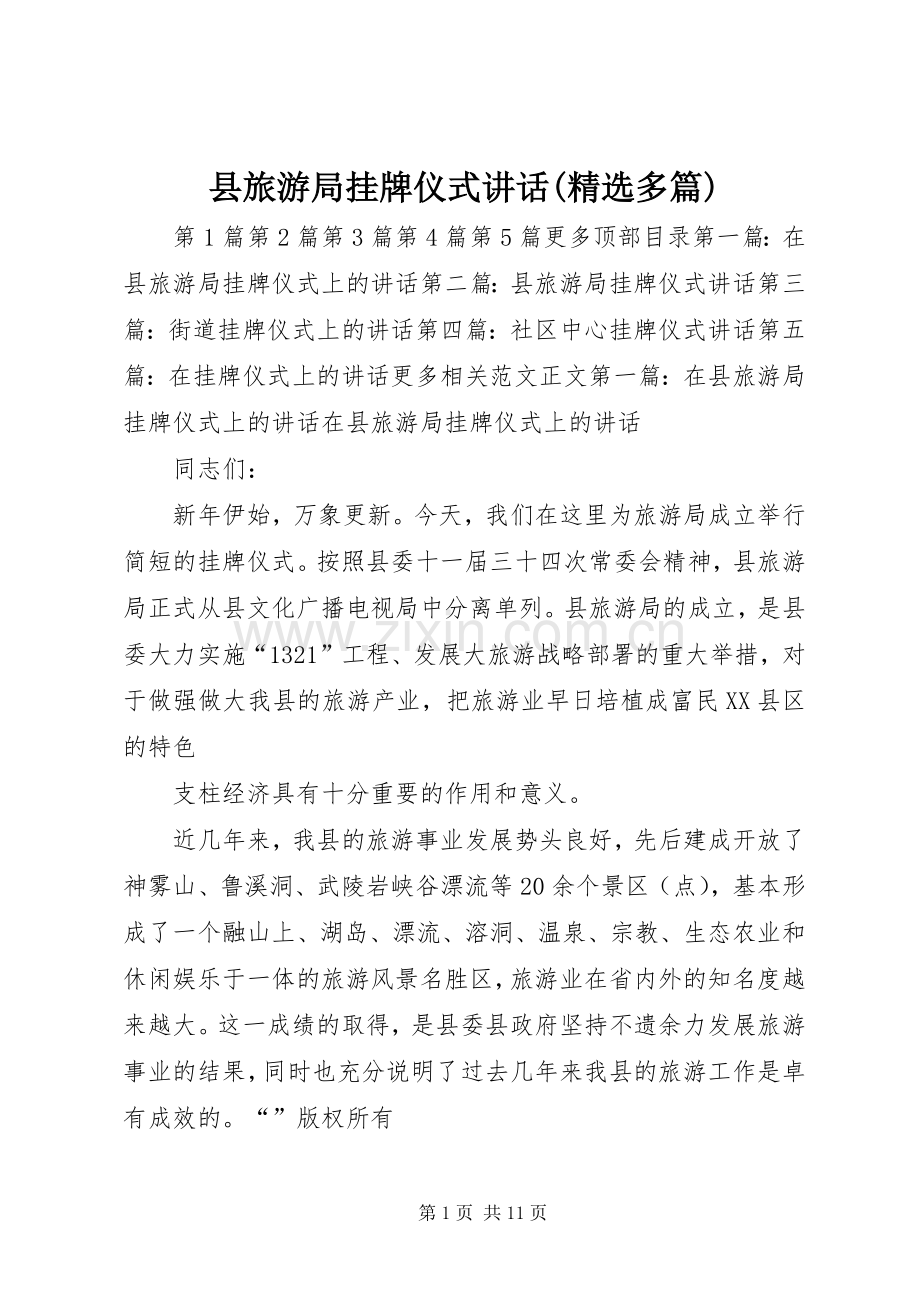 县旅游局挂牌仪式讲话发言(多篇).docx_第1页