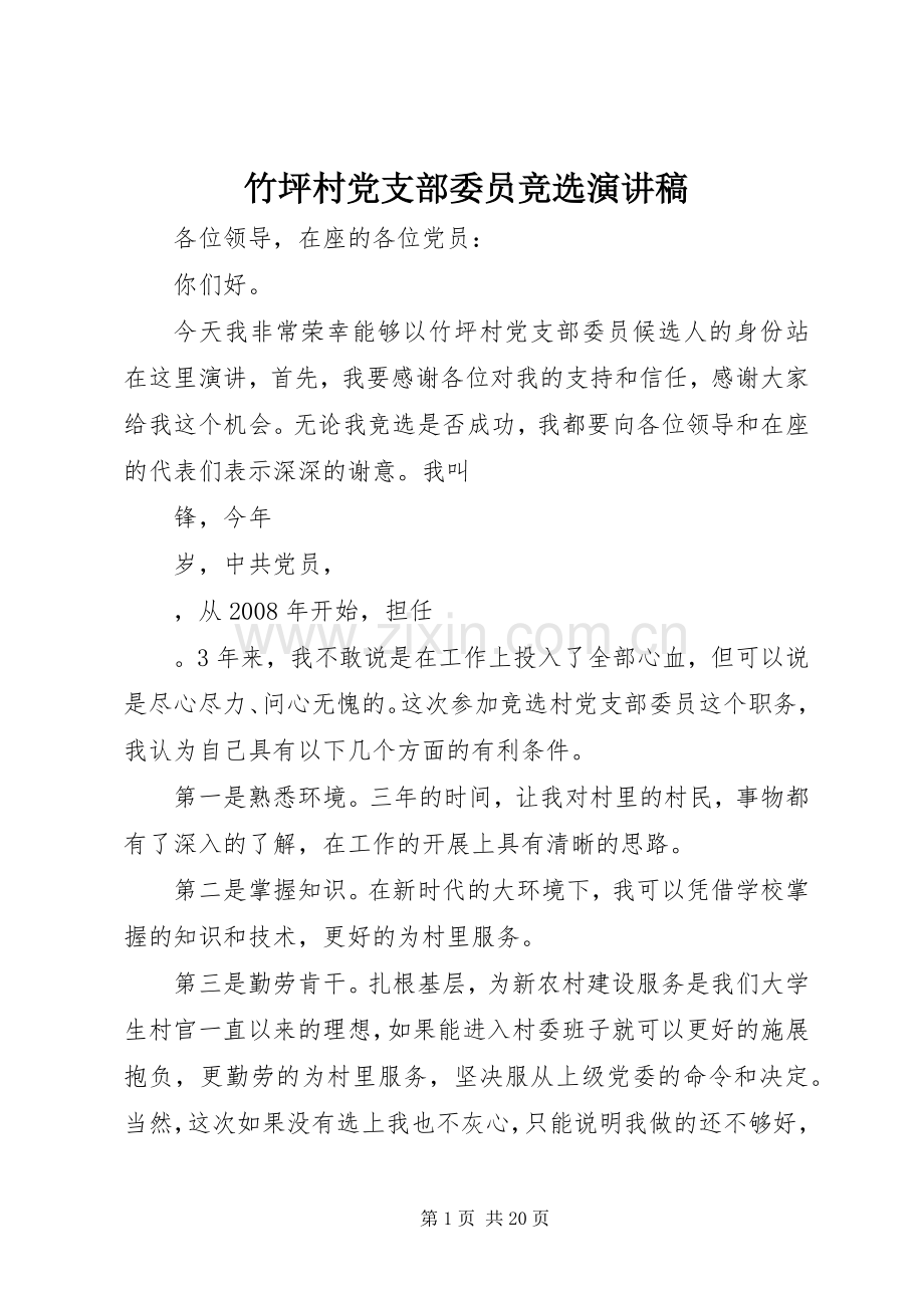 竹坪村党支部委员竞选演讲稿范文_1.docx_第1页