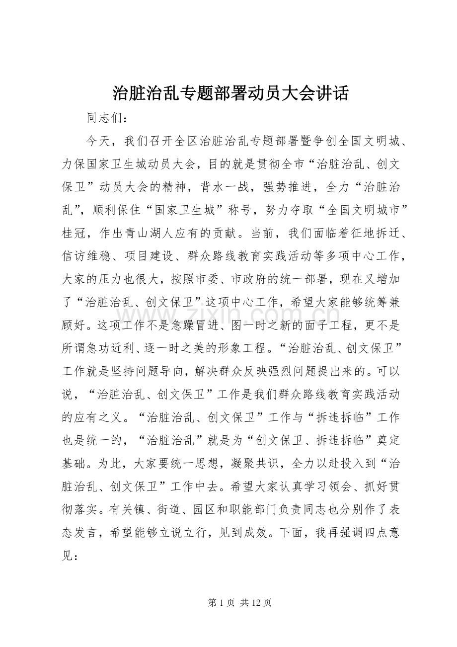 治脏治乱专题部署动员大会讲话发言.docx_第1页