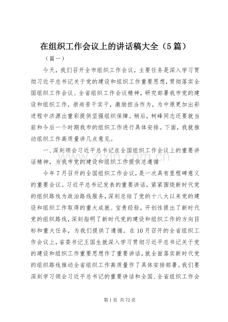 在组织工作会议上的讲话发言稿大全（5篇）.docx_第1页