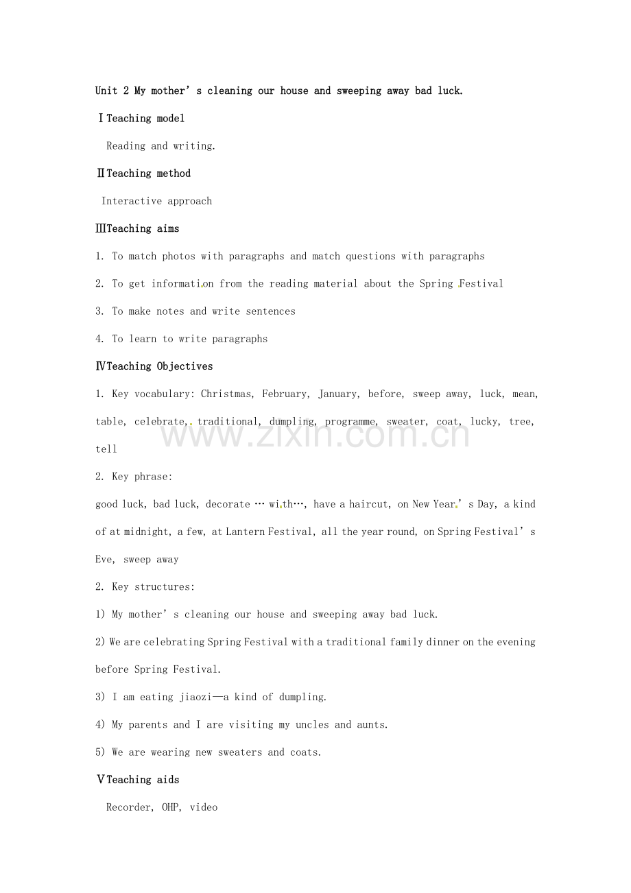 天津市武清区杨村第五中学七年级英语上册《Module 10 Spring Festival Unit 2 My mother’s cleaning our houses and sweeping away bad luck.》教案 （新版）外研版.doc_第2页
