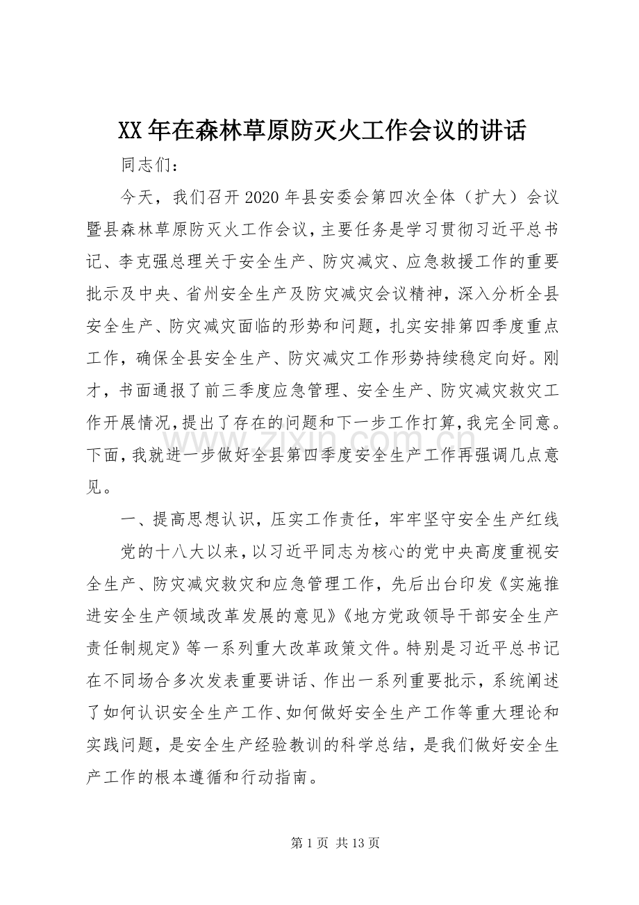 XX年在森林草原防灭火工作会议的讲话发言.docx_第1页