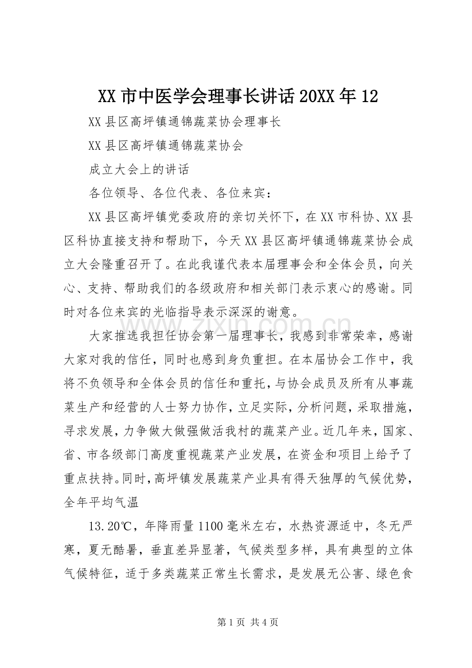XX市中医学会理事长讲话发言20XX年12(3).docx_第1页