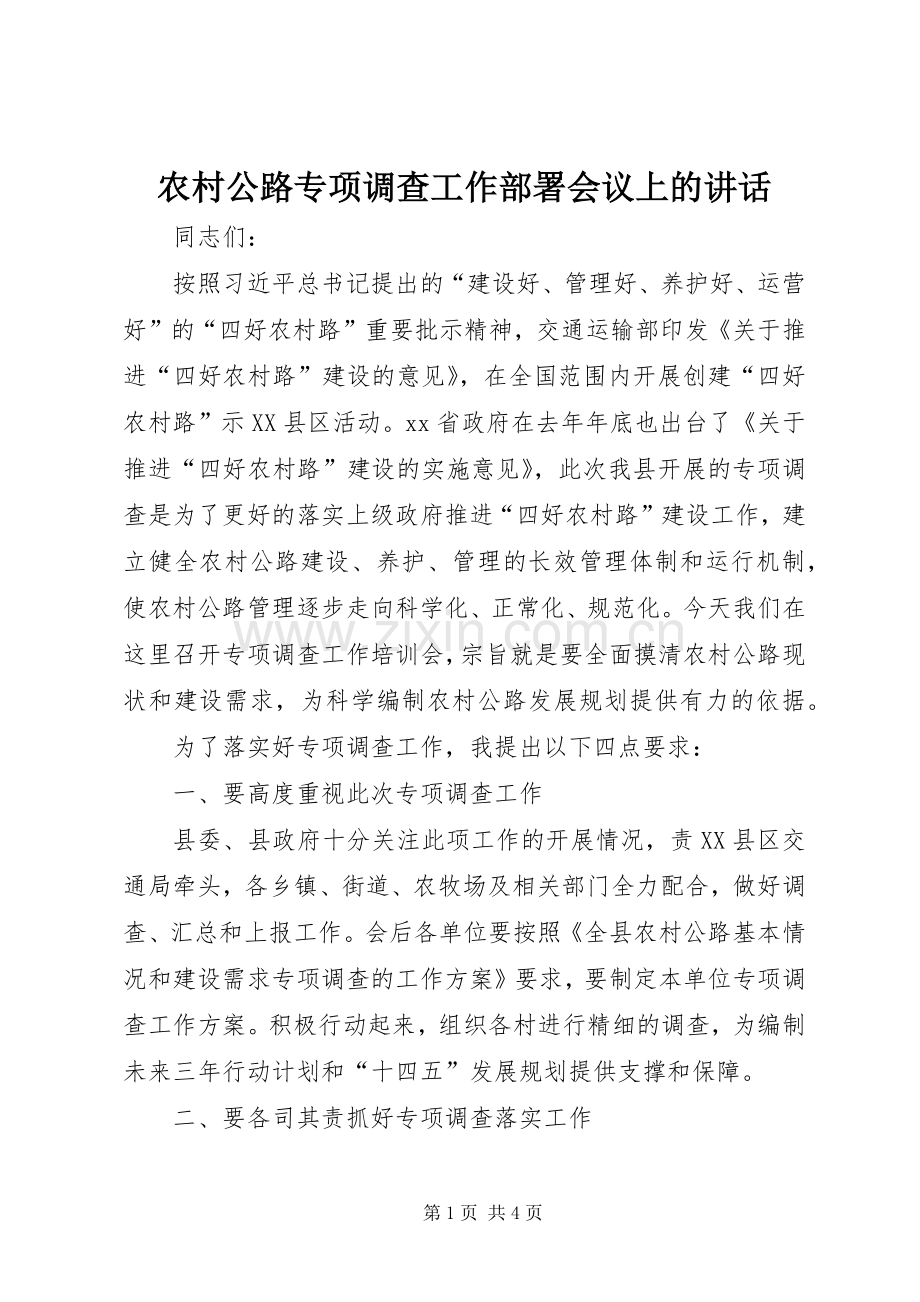 农村公路专项调查工作部署会议上的讲话发言.docx_第1页