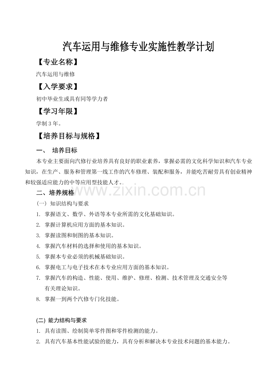 汽车运用与维修专业实施性教学计划78623.doc_第1页