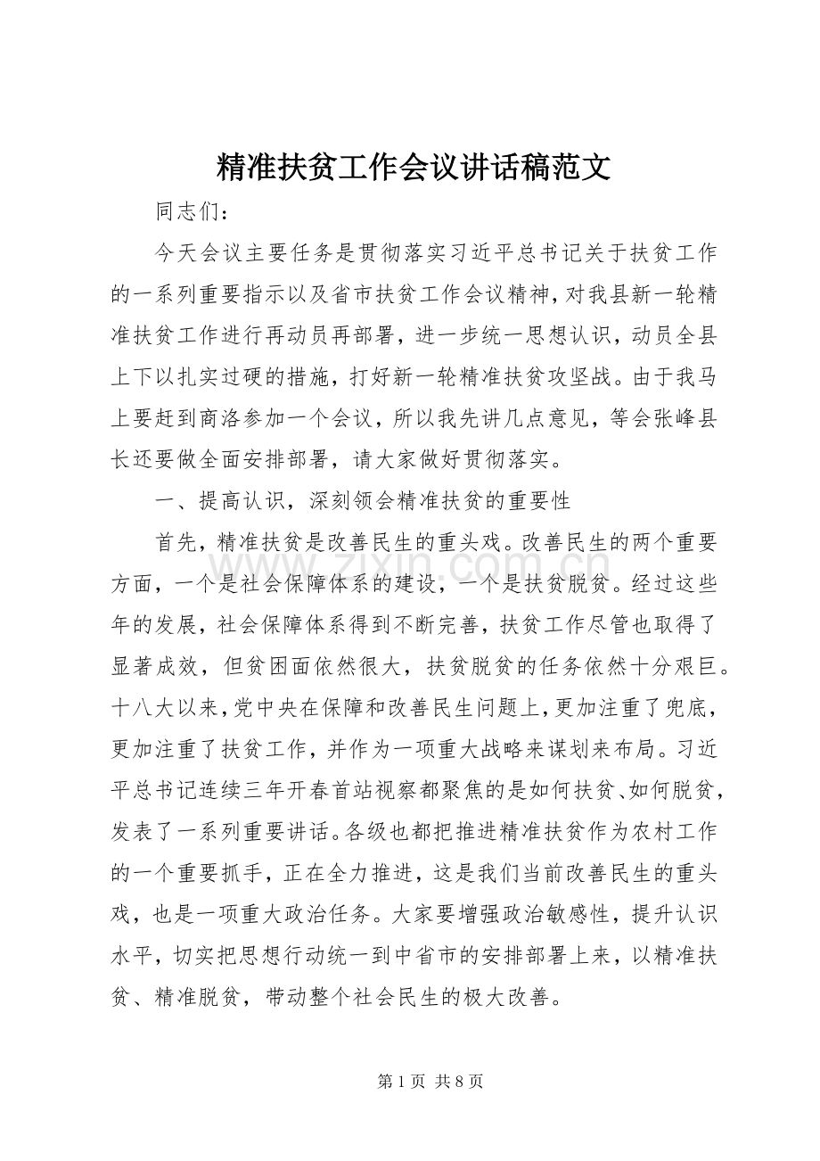精准扶贫工作会议讲话发言稿范文.docx_第1页