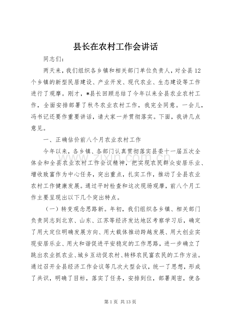 县长在农村工作会讲话发言.docx_第1页